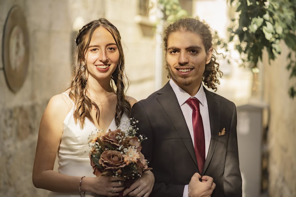 Bride and groom celebrating their love on a sunny wedding day in historic Gaziantep.